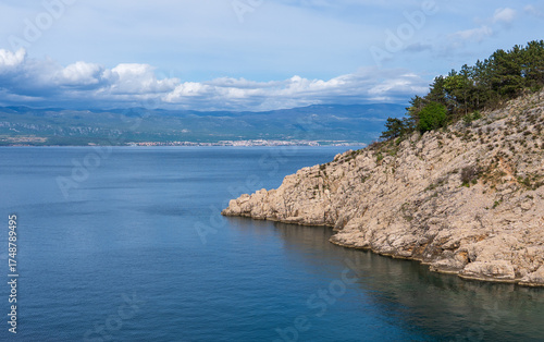 Vrbnik, Croatia - April 20, 2025: Panoramic view of the mountains and sea. Beautiful landscape of mountains, sea, and forest