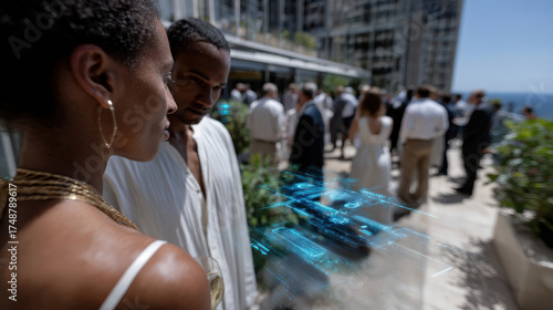 A sophisticated social event where a man and woman engage in conversation amidst a group, enhanced by a vivid holographic digital interface showcasing technology and innovation.