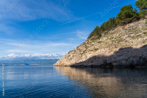 Vrbnik, Croatia - April 20, 2025: Panoramic view of the mountains and sea. Beautiful landscape of mountains, sea, and forest
