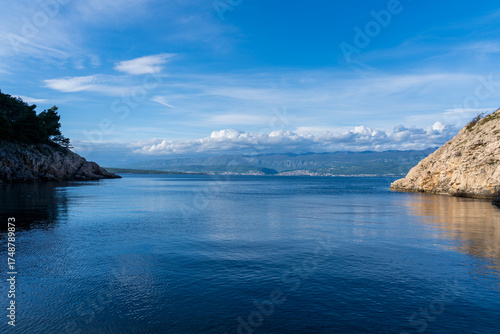 Vrbnik, Croatia - April 20, 2025: Panoramic view of the mountains and sea. Beautiful landscape of mountains, sea, and forest