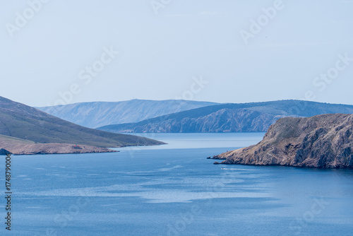 Prvić Island and Sveti Grgur, Croatia - April 20, 2025: Panoramic view of the mountains and sea.