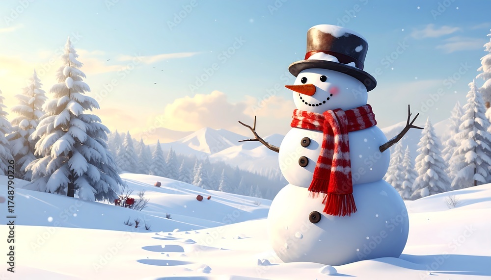 Fototapeta premium A cheerful snowman stands in a snowy mountain landscape, enjoying the winter wonderland's peaceful beauty.