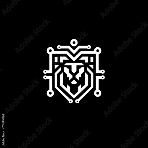 Modern geometric logo design combining a lion face with circuit lines