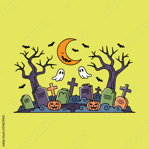 A Halloween themed drawing with tombstones, ghoulish ghosts, a smiling moon, two bare trees and jack-o-lantern pumpkins against a yellow background.