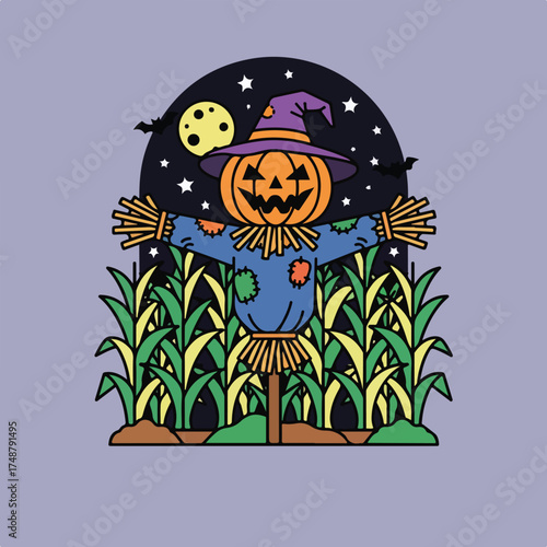 A cartoon illustration of a pumpkin scarecrow with straw arms and a purple witch's hat standing in front of corn stalks and a moonlit sky.