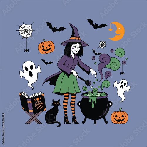 A festive illustration features a witch stirring a cauldron, surrounded by Halloween symbols such as bats, ghosts, pumpkins, a black cat, and a spellbook.