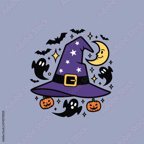 Halloween themed illustration features a purple witch hat with stars, surrounded by bats, ghosts, pumpkins, and a crescent moon.