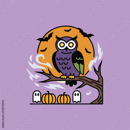 An illustration of a purple owl on a tree branch against an orange moon with bats, above pumpkins and ghosts, on a lavender background.