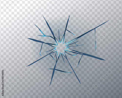 Realistic broken glass texture with sharp cracks and shattered fragments. Abstract transparent background with hole and bullet impact effect. Vector design for crash or damage overlay.