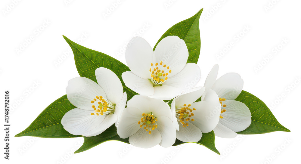 Fototapeta premium White Jasmine Flowers And Green Leaves Isolated On Black