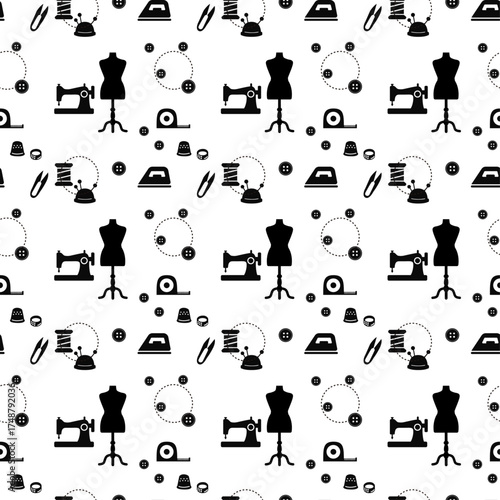 Handmade Sewing Seamless Pattern (Simple Silhouette / Black)