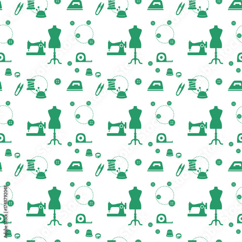 Handmade Sewing Seamless Pattern (Simple Silhouette / Green)