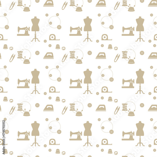Handmade Sewing Seamless Pattern (Simple Silhouette / Beige)