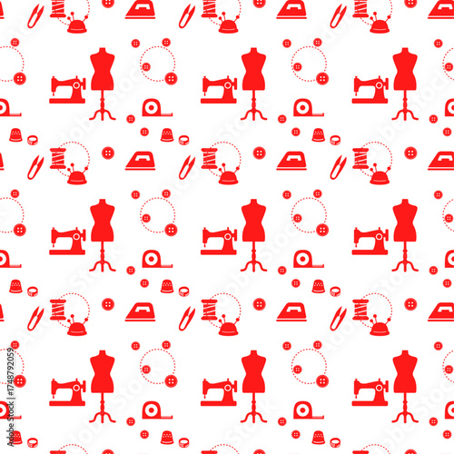 Handmade Sewing Seamless Pattern (Simple Silhouette / Red)