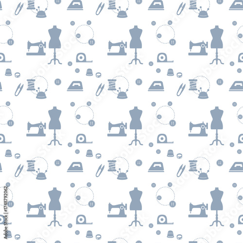 Handmade Sewing Seamless Pattern (Simple Silhouette / Blue)