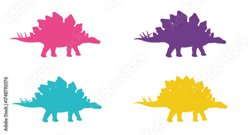 Colorful stylized silhouettes of stegosaurus dinosaurs arranged in a grid pattern
