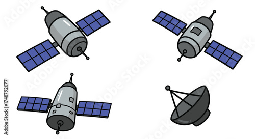 Cartoon illustration of multiple spacecraft with solar panels and antennas