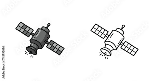 Simple illustration of two space satellites with solar panels extended