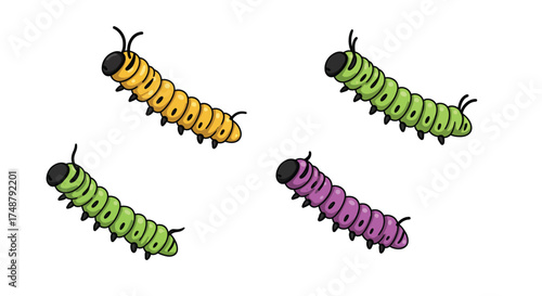 Colorful cartoon caterpillars crawling on a white background vibrant and playful