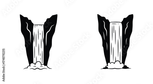 Black and white illustration of two mountain waterfalls with rocky formations