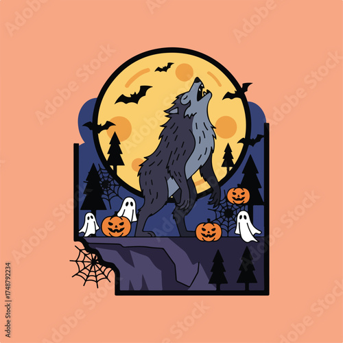 An Halloween-themed illustration showing a werewolf howling at the full moon, surrounded by spooky elements like ghosts and pumpkins.
