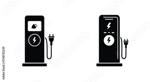 Two black electric vehicle charging stations depicted in a simple icon style