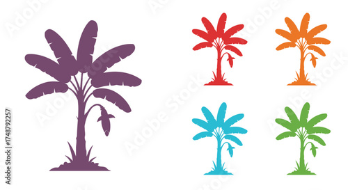 Colorful tropical palm tree silhouettes arranged in a decorative botanical design