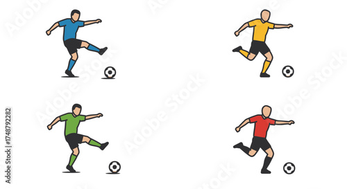 Four simplified illustrations of cartoon men playing or practicing soccer