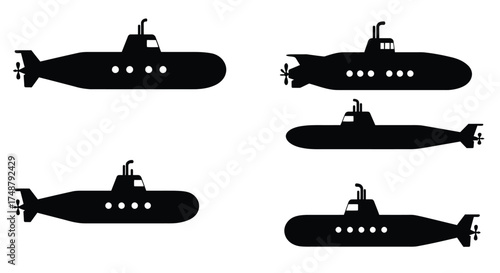 Silhouettes of various submarines in a simple black and white illustration
