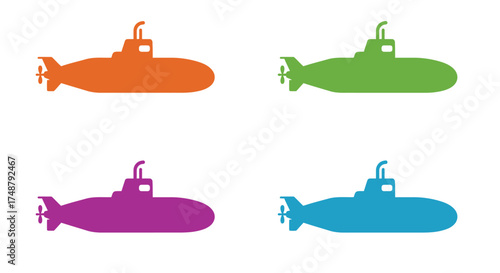 Four colorful submarine silhouettes arranged in a simple grid pattern