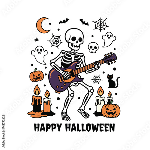 A vibrant Halloween illustration featuring a skeleton playing guitar, surrounded by spooky elements like pumpkins, ghosts, bats, and candles.