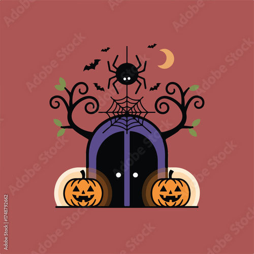 Halloween illustration with a spooky door guarded by pumpkins, a spider, bats, and a moon, set against a reddish-brown background.