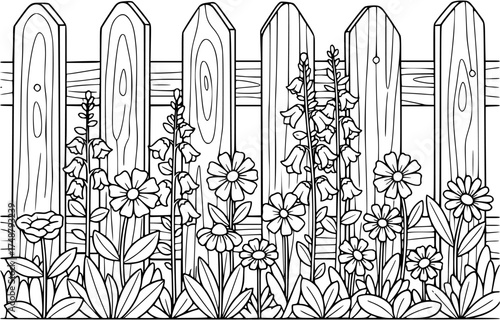 flower garden with wooden fence line art
