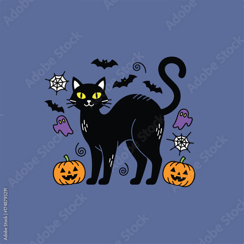 A cartoon Halloween image with a black cat, pumpkins, bats, spiders and ghosts on a bluish-purple background.