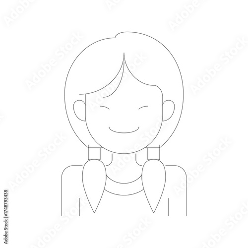 Simple Line Art Avatar of a Young Girl with Braids and a Gentle Expression on a Transparent Background