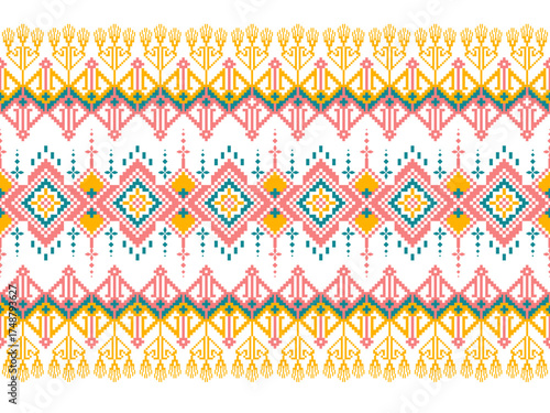 Colorful pixel geometric pattern in pink, yellow, and teal tones inspired by traditional tribal embroidery. Perfect for textile design, fabric prints, and digital backgrounds.