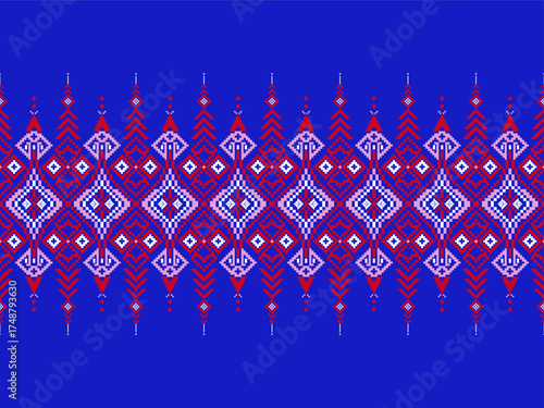 Vivid pixel tribal pattern in red, purple, and blue tones, inspired by traditional ethnic weaving. Ideal for textile prints, digital backgrounds, and decorative fabric designs.