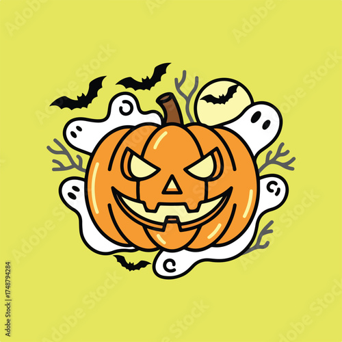 An illustration of a Halloween theme with a pumpkin surrounded by ghosts and bats with a bright yellow background.