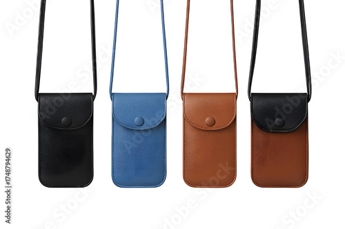 Four small leather and denim pouches with straps isolated on transparent background