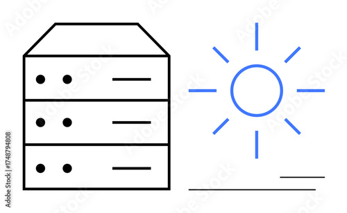 Data server juxtaposed with a blue sun emphasizing clean energy integration, sustainable technology, and efficiency. Ideal for innovation, sustainability, eco-energy, technology, climate change