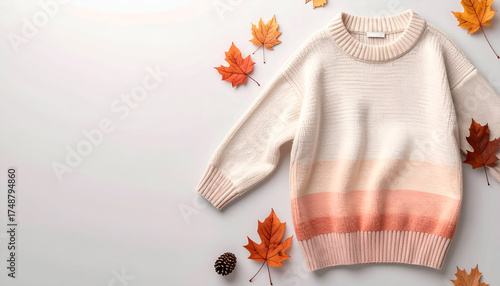 Cozy Autumn Sweater with Fall Leaves and Pinecones on a White Background.