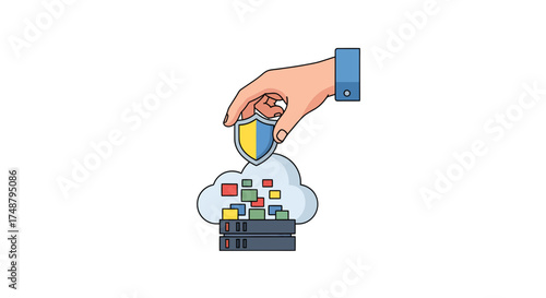 A human hand placing a protective shield over a cloud server icon filled with data