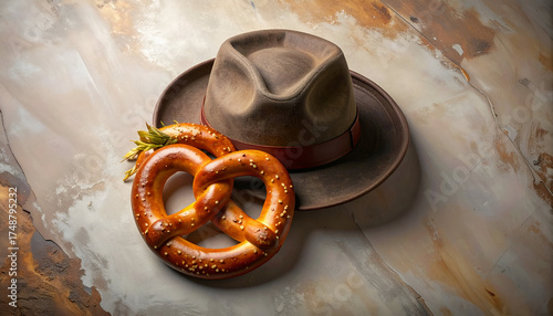 Delicious pretzel and stylish hat on a textured surface.
