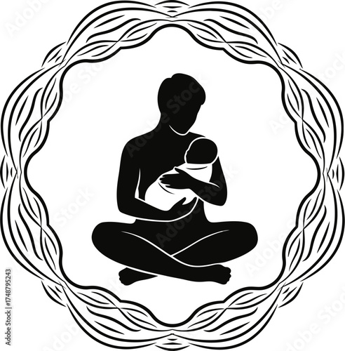 Parent silhouette holding newborn with mindful breathing leaf