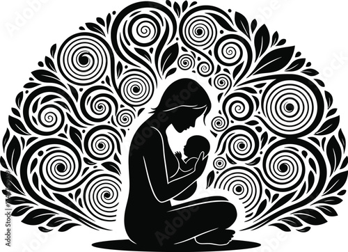 Parent silhouette holding newborn with mindful breathing leaf