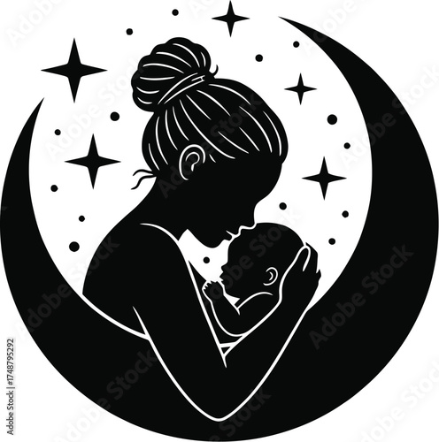 Restorative Sleep Silhouette of Parent and Baby with Crescent Moon

