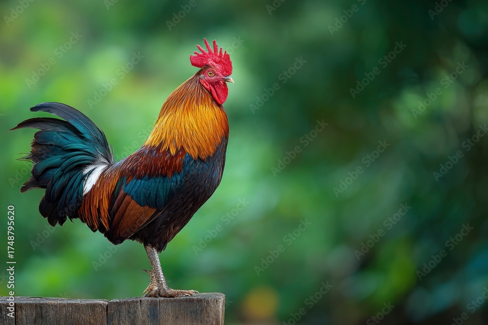 Fototapeta premium A majestic rooster stands proudly in profile on a weathered wooden post, showcasing its magnificent and richly colored plumage against a softly blurred green natural background. Its vibrant red comb,