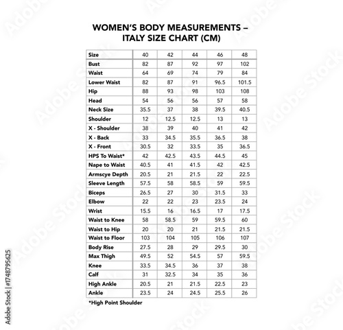 Women size Italy centimeters chart measurements for bust, waist, hips, sleeve, shoulder, height guide. Standard sewing fashion tailoring reference for female body proportions sizes