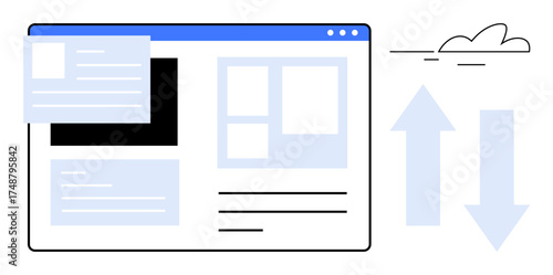 Website layout with text blocks, image placeholders, and arrows for uploaddownload. A cloud adds dynamic interaction. Ideal for web design, UXUI, data transfer, technology, communication cloud