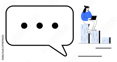 Woman sitting on bar chart working on laptop near dialogue bubble with ellipsis. Ideal for communication, analytics, teamwork, digital progress, remote work, modern technology, simple flat metaphor